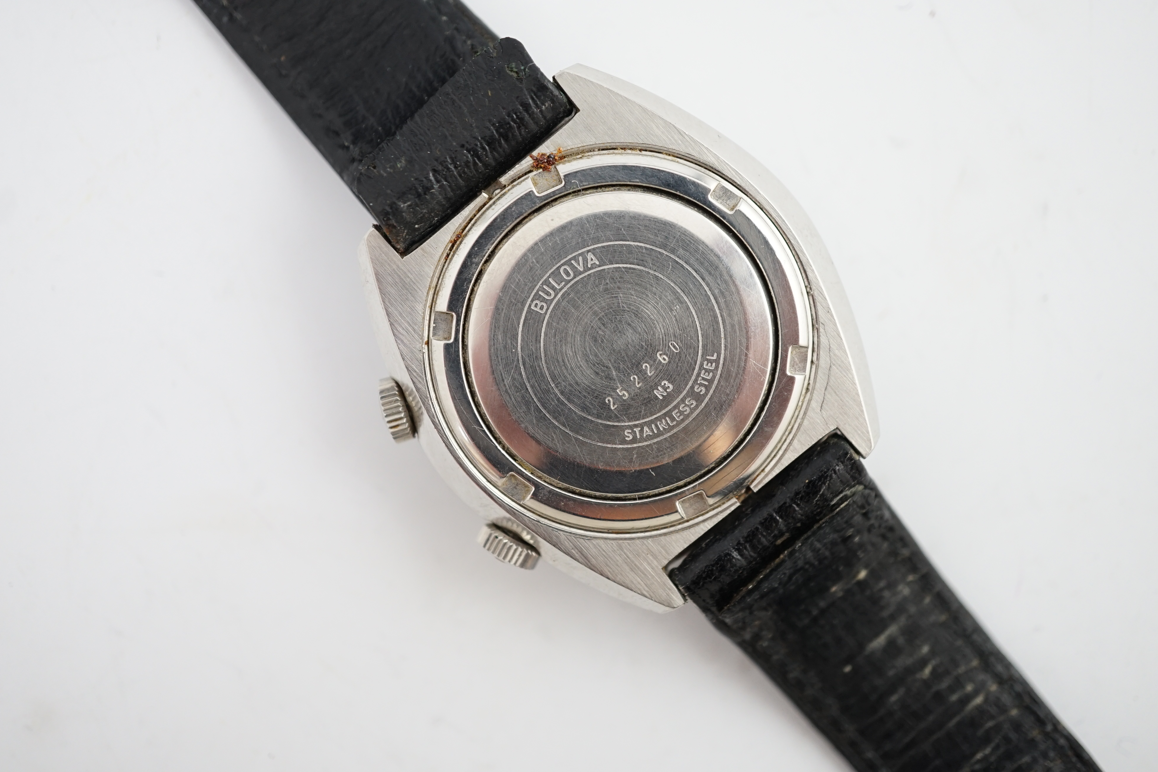 A gentleman's early 1970's stainless steel Bulova alarm manual wind wrist watch